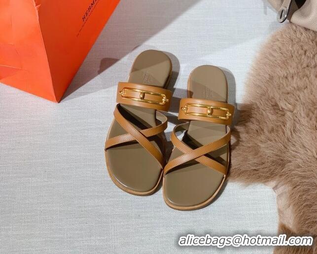 Well Crafted Hermes Claire Cross Strap Flat Sandals 030877 Brown 2021