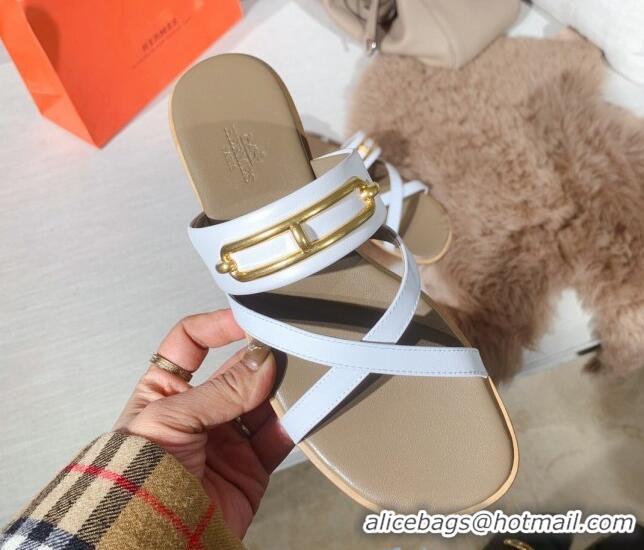 Super Quality Hermes Claire Cross Strap Flat Sandals 030877 White 2021