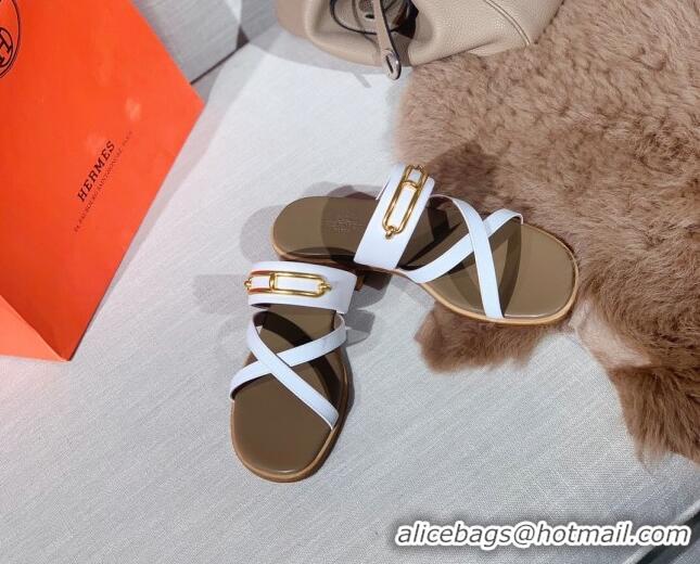 Super Quality Hermes Claire Cross Strap Flat Sandals 030877 White 2021