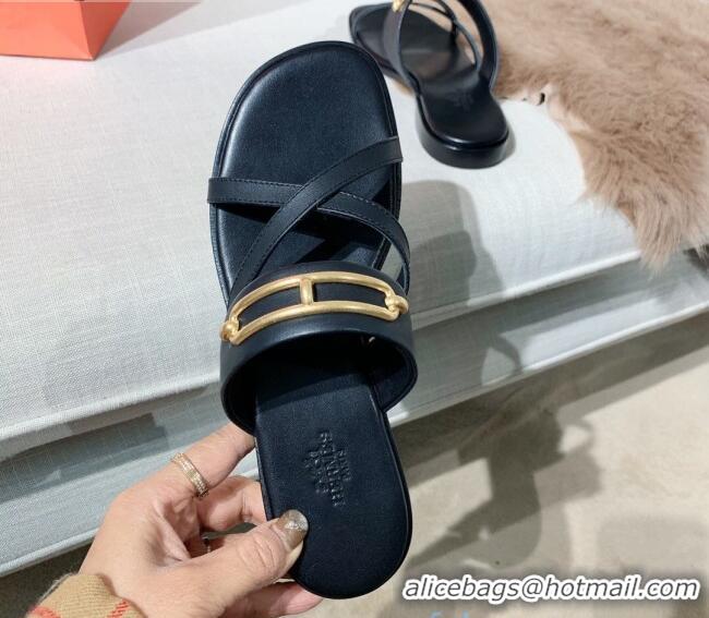 Popular Style Hermes Claire Cross Strap Flat Sandals 030877 Black 2021