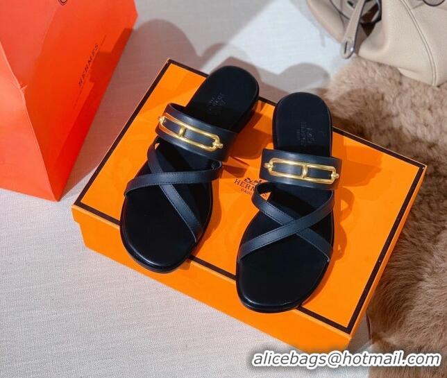 Popular Style Hermes Claire Cross Strap Flat Sandals 030877 Black 2021