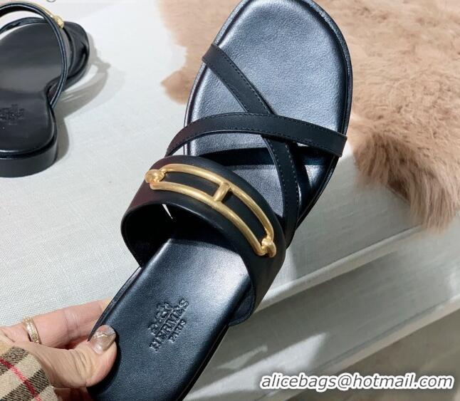 Popular Style Hermes Claire Cross Strap Flat Sandals 030877 Black 2021