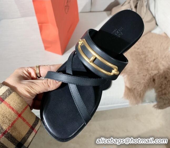 Popular Style Hermes Claire Cross Strap Flat Sandals 030877 Black 2021