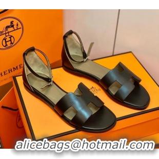 Best Quality Hermes Santorini Sandal in Smooth Swift Calfskin 331081 Black