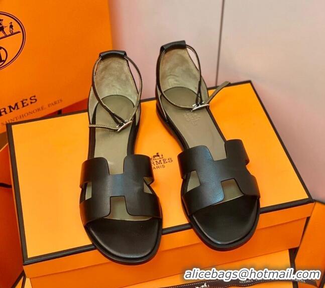 Best Quality Hermes Santorini Sandal in Smooth Swift Calfskin 331081 Black