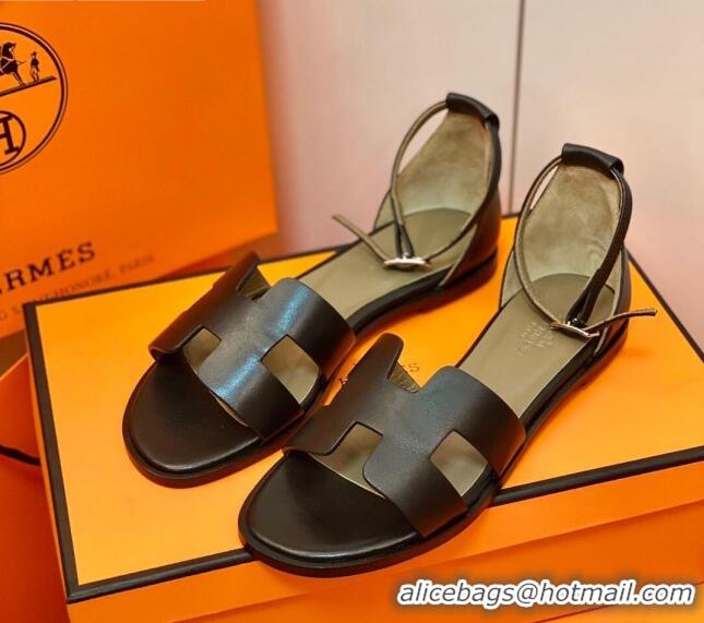 Best Quality Hermes Santorini Sandal in Smooth Swift Calfskin 331081 Black