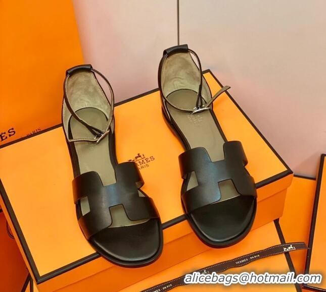 Best Quality Hermes Santorini Sandal in Smooth Swift Calfskin 331081 Black