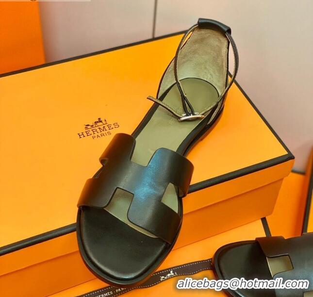 Best Quality Hermes Santorini Sandal in Smooth Swift Calfskin 331081 Black