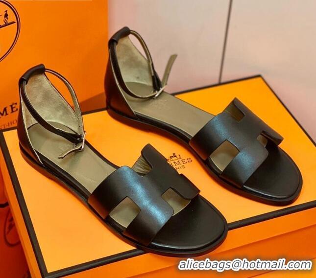 Best Quality Hermes Santorini Sandal in Smooth Swift Calfskin 331081 Black