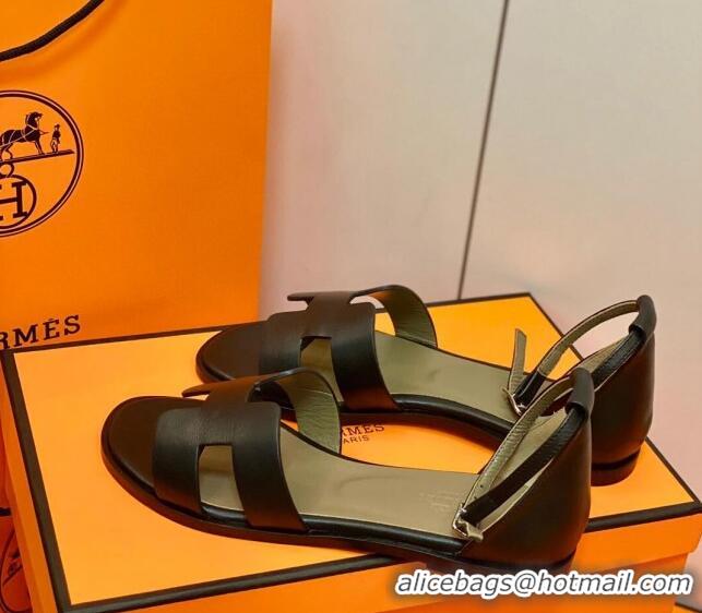 Best Quality Hermes Santorini Sandal in Smooth Swift Calfskin 331081 Black