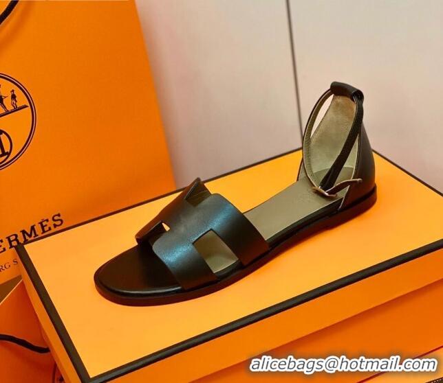 Best Quality Hermes Santorini Sandal in Smooth Swift Calfskin 331081 Black