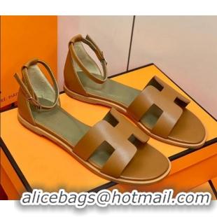 Low Cost Hermes Santorini Sandal in Smooth Swift Calfskin 331084 Brown