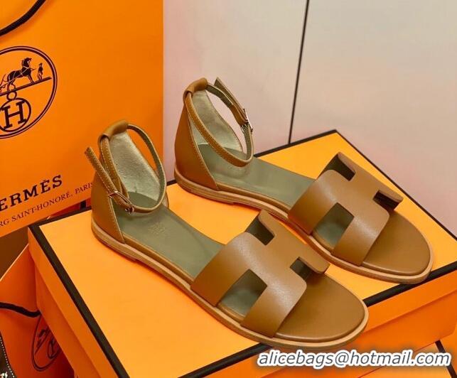 Low Cost Hermes Santorini Sandal in Smooth Swift Calfskin 331084 Brown