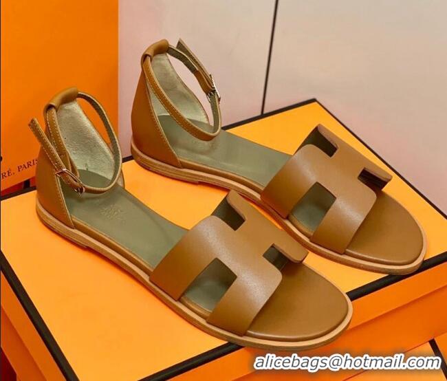 Low Cost Hermes Santorini Sandal in Smooth Swift Calfskin 331084 Brown