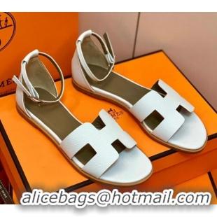 Good Looking Hermes Santorini Sandal in Grainy Epsom Calfskin 331086 White