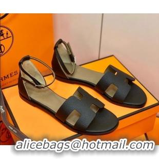 Luxurious Hermes Santorini Sandal in Grainy Epsom Calfskin 331086 Black