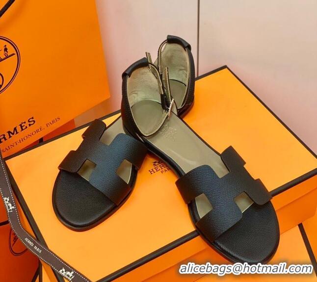 Luxurious Hermes Santorini Sandal in Grainy Epsom Calfskin 331086 Black