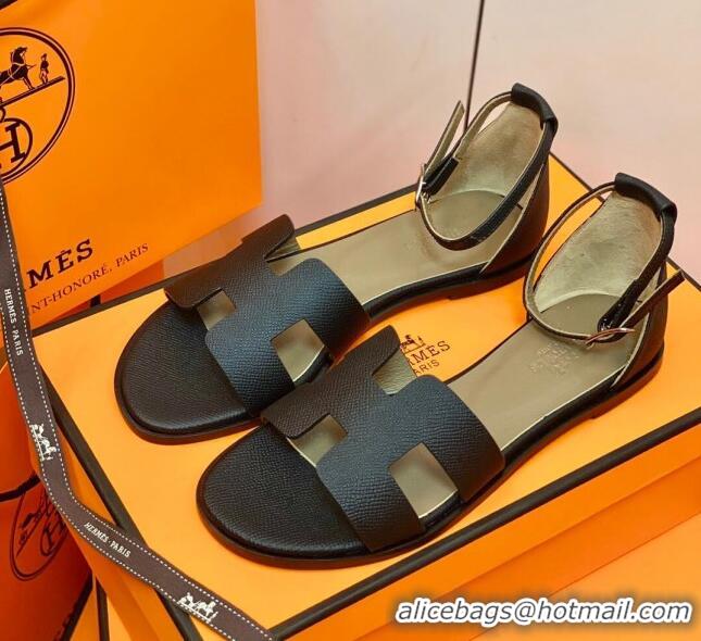 Luxurious Hermes Santorini Sandal in Grainy Epsom Calfskin 331086 Black