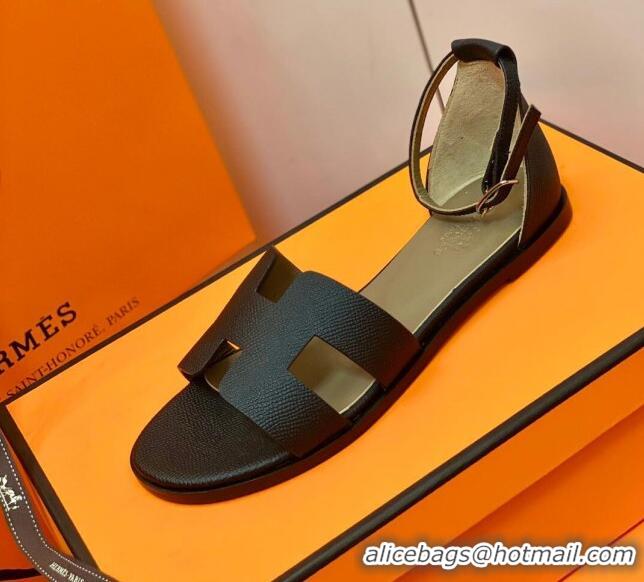 Luxurious Hermes Santorini Sandal in Grainy Epsom Calfskin 331086 Black