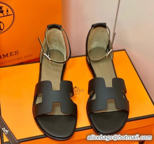 Luxurious Hermes Santorini Sandal in Grainy Epsom Calfskin 331086 Black