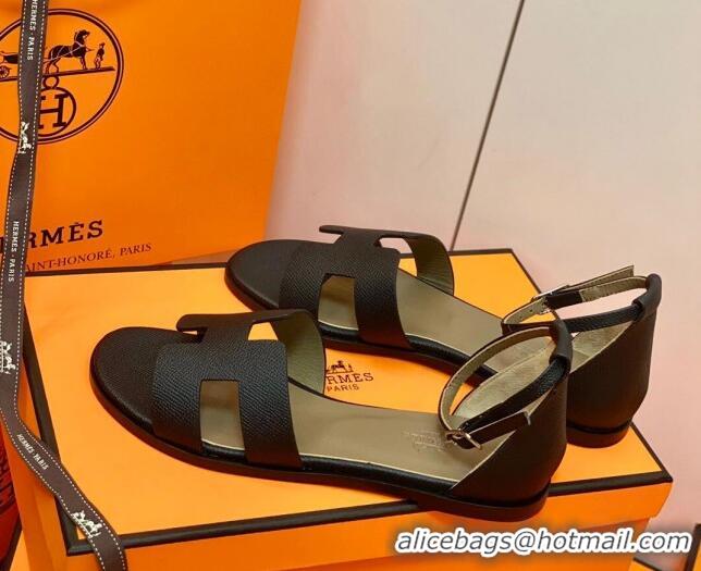 Luxurious Hermes Santorini Sandal in Grainy Epsom Calfskin 331086 Black