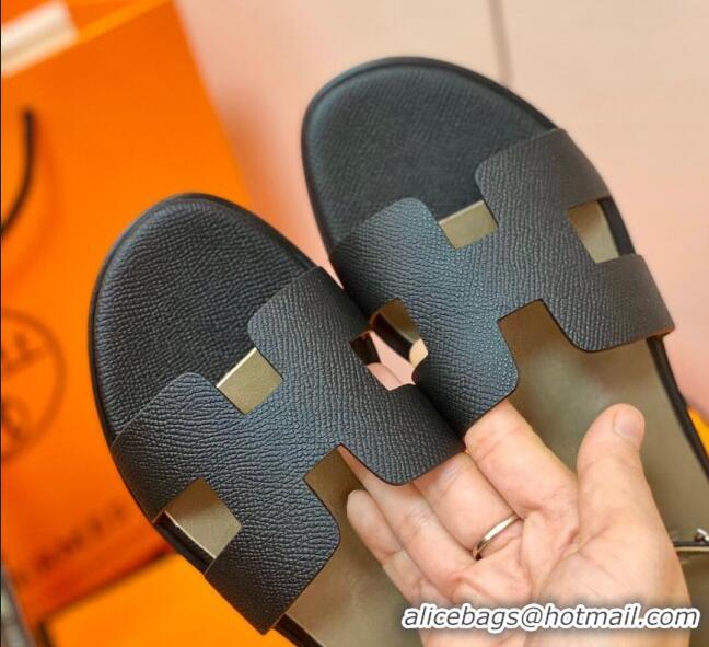 Luxurious Hermes Santorini Sandal in Grainy Epsom Calfskin 331086 Black