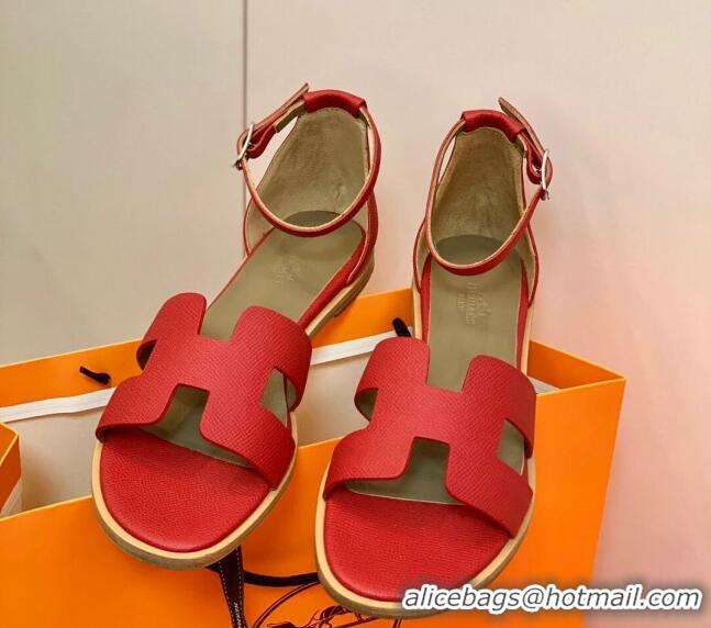 Low Price Hermes Santorini Sandal in Grainy Epsom Calfskin 331091 Red 2021