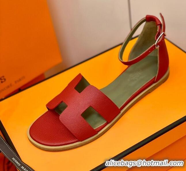 Low Price Hermes Santorini Sandal in Grainy Epsom Calfskin 331091 Red 2021