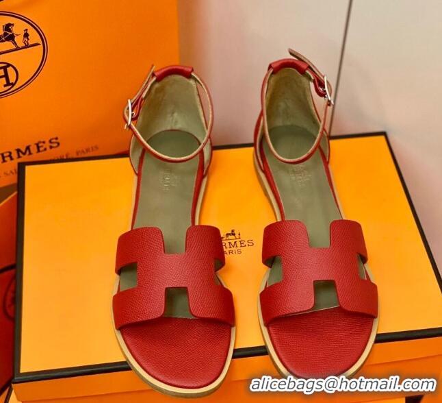 Low Price Hermes Santorini Sandal in Grainy Epsom Calfskin 331091 Red 2021