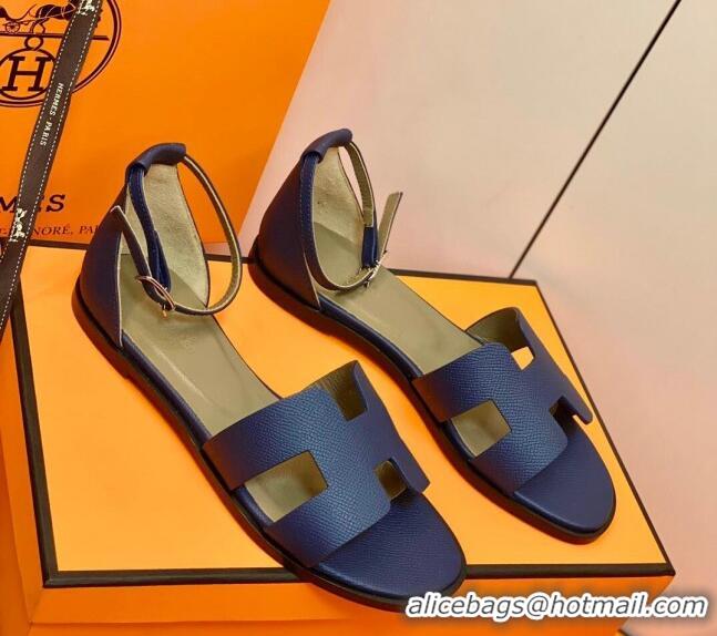 Good Quality Hermes Santorini Sandal in Grainy Epsom Calfskin 331091 Navy Blue 2021