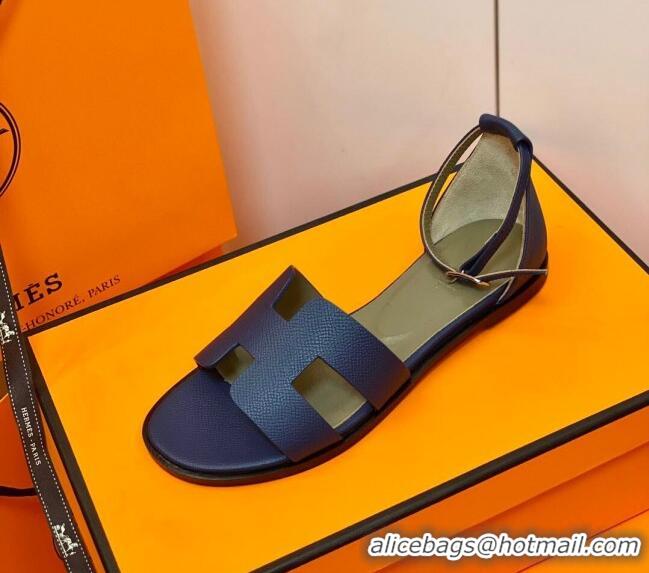 Good Quality Hermes Santorini Sandal in Grainy Epsom Calfskin 331091 Navy Blue 2021