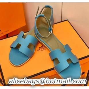 Best Price Hermes Santorini Sandal in Grainy Epsom Calfskin 331091 Blue 2021