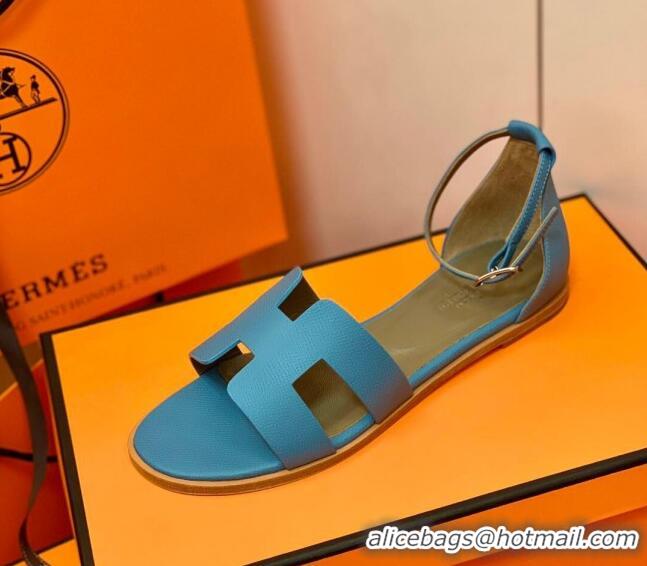 Best Price Hermes Santorini Sandal in Grainy Epsom Calfskin 331091 Blue 2021