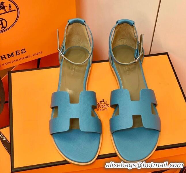 Best Price Hermes Santorini Sandal in Grainy Epsom Calfskin 331091 Blue 2021