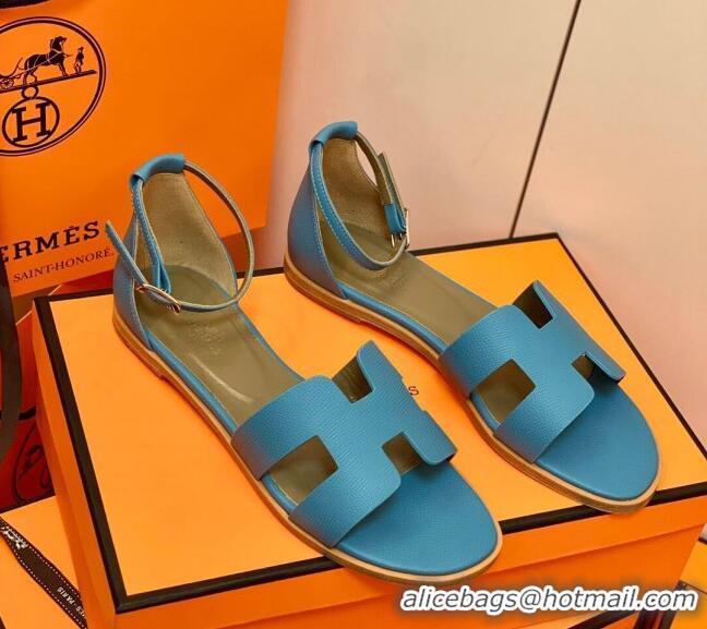 Best Price Hermes Santorini Sandal in Grainy Epsom Calfskin 331091 Blue 2021