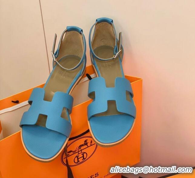 Best Price Hermes Santorini Sandal in Grainy Epsom Calfskin 331091 Blue 2021