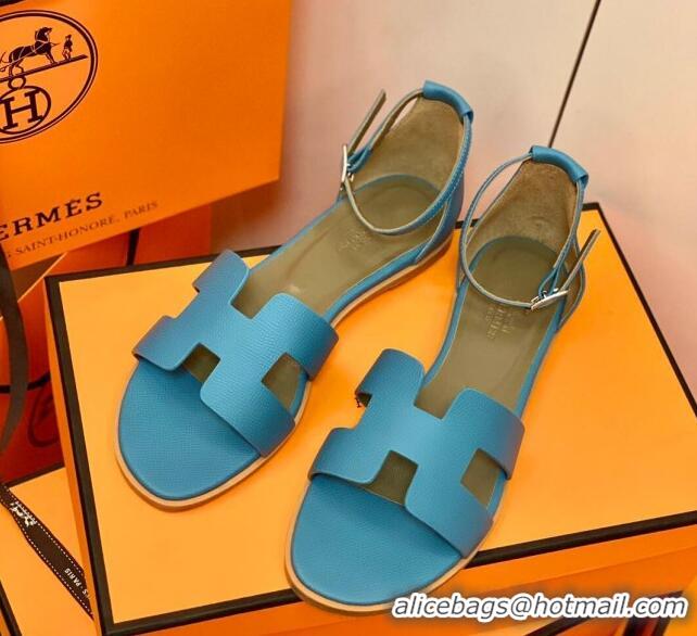 Best Price Hermes Santorini Sandal in Grainy Epsom Calfskin 331091 Blue 2021