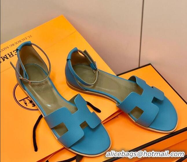 Best Price Hermes Santorini Sandal in Grainy Epsom Calfskin 331091 Blue 2021