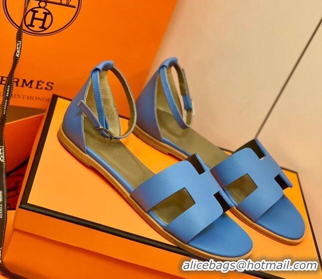 Sophisticated Hermes Santorini Sandal in Grainy Epsom Calfskin 331091 Blue 2021