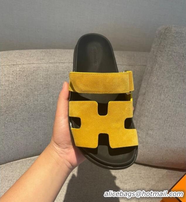 Unique Style Hermes Chypre Suede H Flat Mules 040110 Yellow 2021