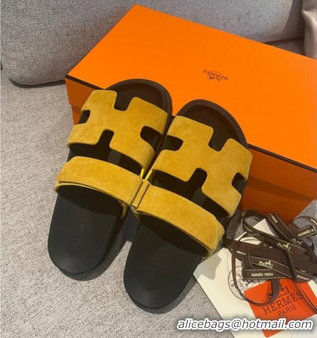 Unique Style Hermes Chypre Suede H Flat Mules 040110 Yellow 2021