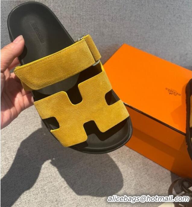 Unique Style Hermes Chypre Suede H Flat Mules 040110 Yellow 2021