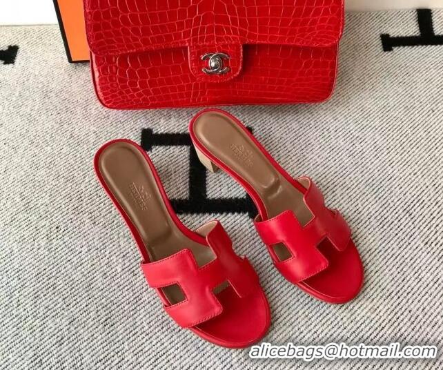 Best Product Hermes Oasis Sandal in Smooth Metalic Calfskin With 5cm Heel 040284 Red