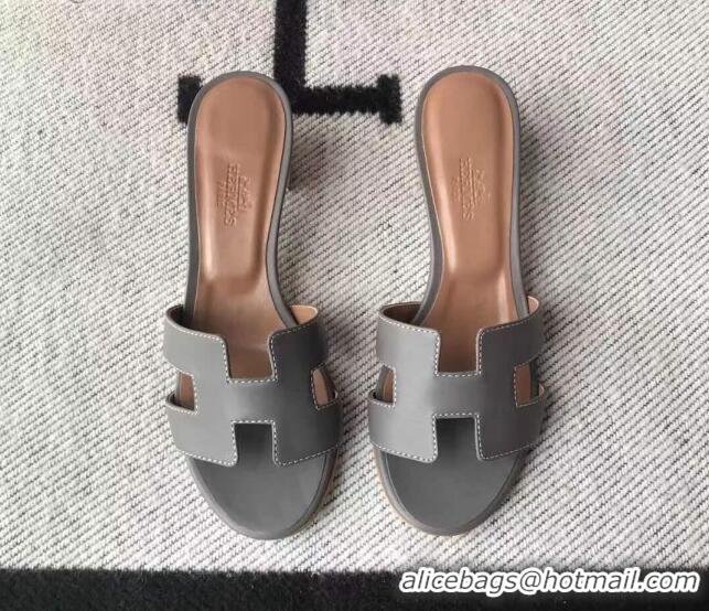 Top Design Hermes Oasis Sandal in Smooth Metalic Calfskin With 5cm Heel 040284 Grey