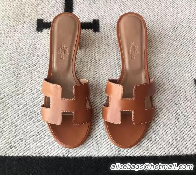 Pretty Style Hermes Oasis Sandal in Smooth Metalic Calfskin With 5cm Heel 040284 Brown