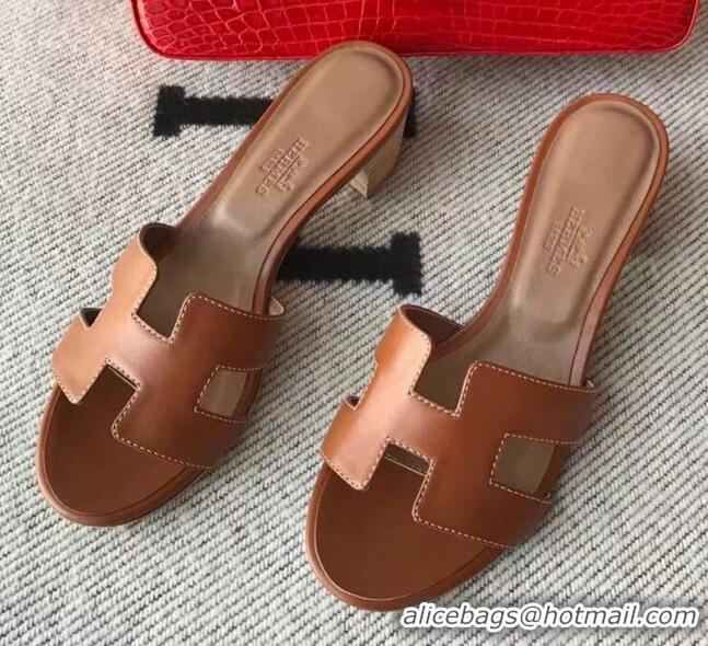 Pretty Style Hermes Oasis Sandal in Smooth Metalic Calfskin With 5cm Heel 040284 Brown