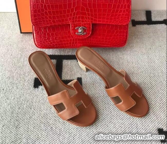 Pretty Style Hermes Oasis Sandal in Smooth Metalic Calfskin With 5cm Heel 040284 Brown