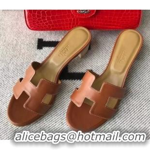 Shop Duplicate Hermes Oasis Sandal in Smooth Metalic Calfskin With 5cm Heel 040284 Brown