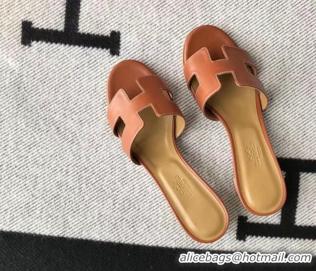 Shop Duplicate Hermes Oasis Sandal in Smooth Metalic Calfskin With 5cm Heel 040284 Brown