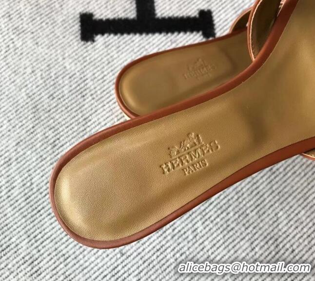 Shop Duplicate Hermes Oasis Sandal in Smooth Metalic Calfskin With 5cm Heel 040284 Brown